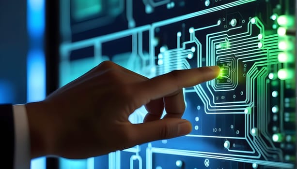 A hand points to a backlit circuit board or a circuit - symbolism for technology