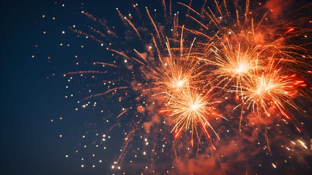 Abstract colorful stars, firecrackers, golden sparks, sparklers, bokeh lights of fireworks background against light up dark blue sky at night with free space. New year holiday celebration concept
