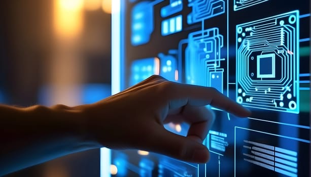 A hand points to a backlit circuit board or a circuit - symbolism for technology