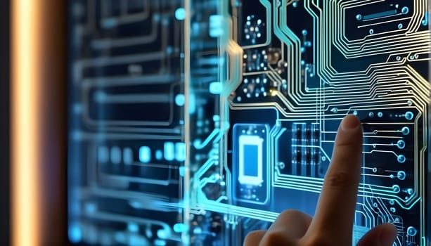 A hand points to a backlit circuit board or a circuit - symbolism for technology