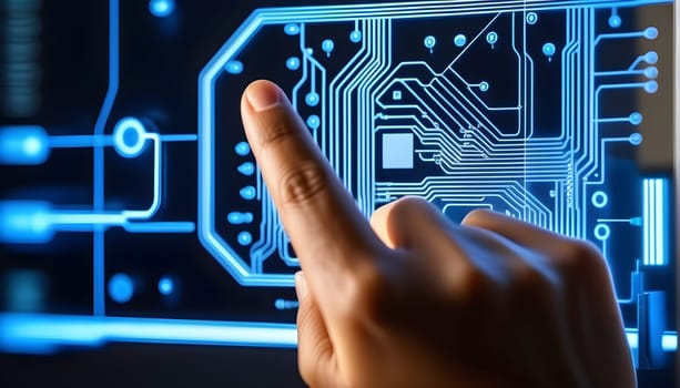 A hand points to a backlit circuit board or a circuit - symbolism for technology