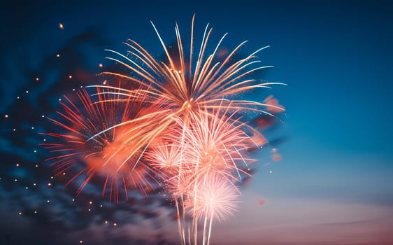 Abstract colored stars, firecrackers, golden sparks, sparklers, bokeh lights of fireworks background against light up blue sky skyline at night with free space. New year holiday celebration concept