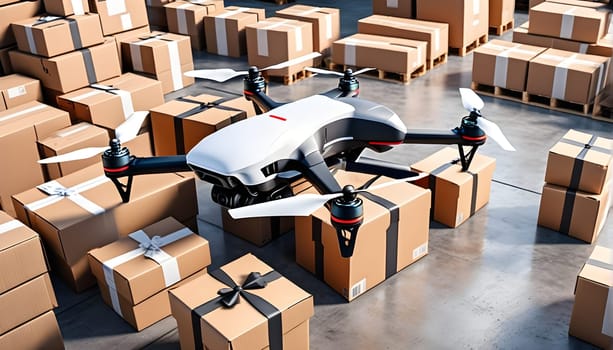 A drone in a warehouse with parcels - a new way of transportation