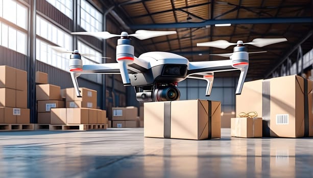A drone in a warehouse with parcels - a new way of transportation