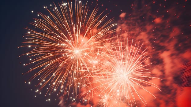 Abstract colored stars, firecrackers, golden sparks, sparklers, bokeh lights of fireworks background against light up black sky at night with free space for text. New year holiday celebration concept