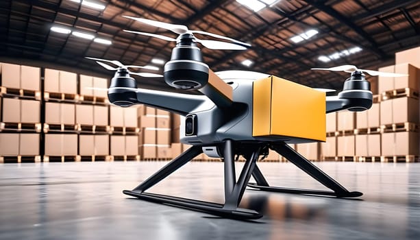 A drone in a warehouse with parcels - a new way of transportation