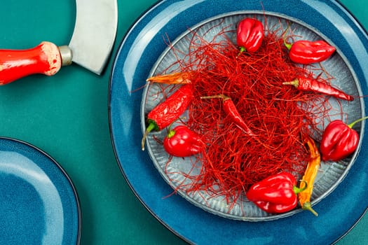 Spicy seasoning, spice, cut from red pepper. Spices for cooking, copy space.