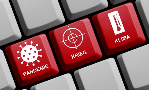 Pandemic, War and Clima Change in german language - 3D illustration