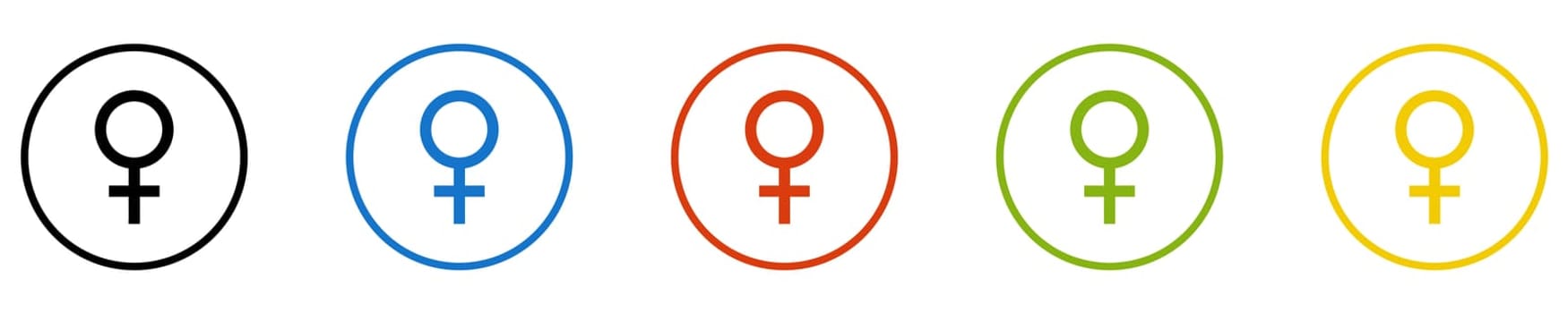5 Icons in circles black, blue, red, green, orange: Female