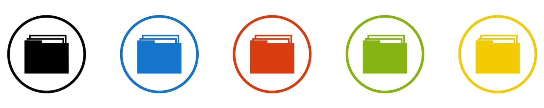 5 Icons in circles black, blue, red, green, orange: Folder