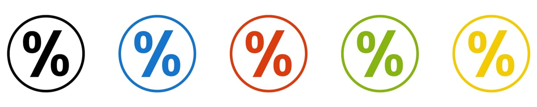 5 Icons in circles black, blue, red, green, orange: Special price - percent
