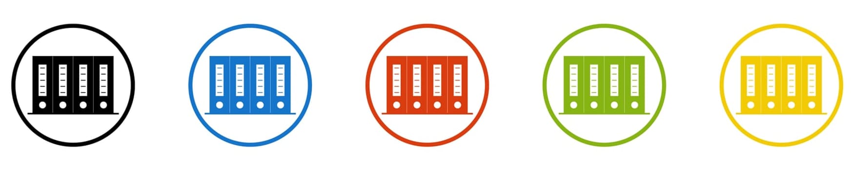 5 Icons in circles black, blue, red, green, orange: Folder