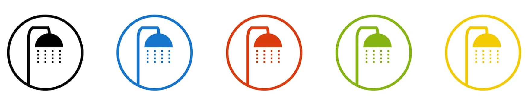 5 Icons in circles black, blue, red, green, orange: Shower