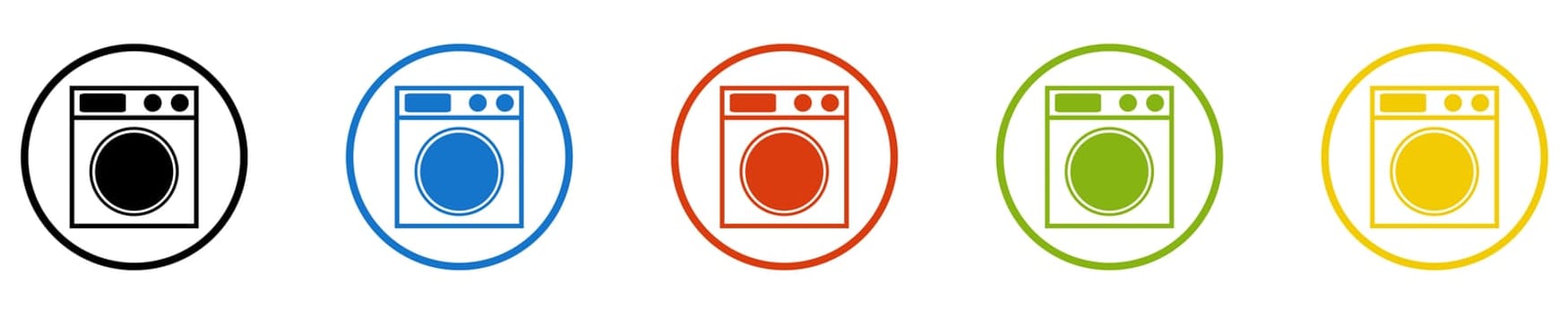 5 Icons in circles black, blue, red, green, orange: Washing Machine