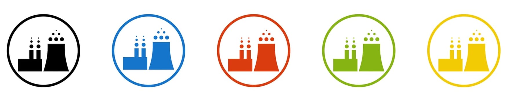 5 Icons in circles black, blue, red, green, orange: Factory