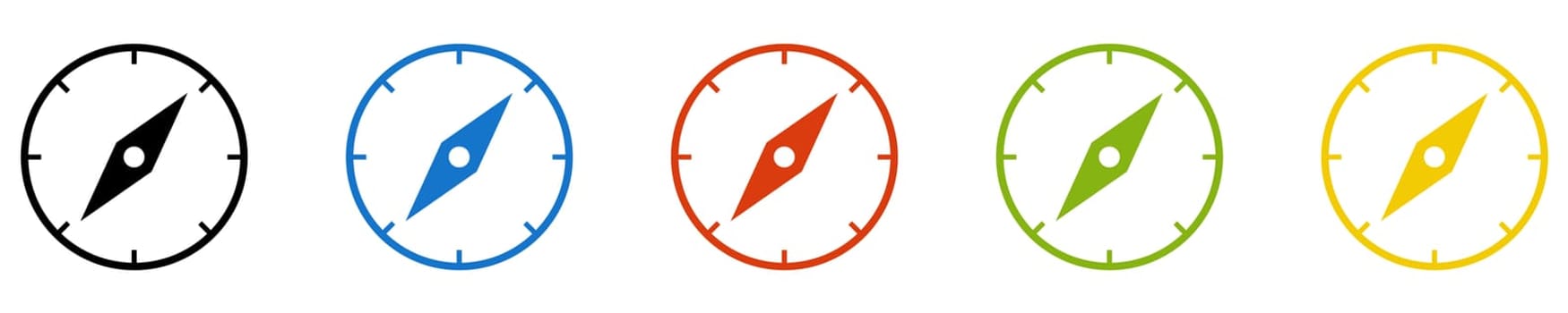 5 Icons in circles black, blue, red, green, orange: Compass