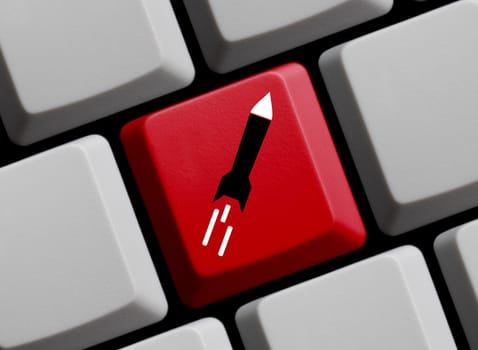 Computer keyboard with red color showing Missile icon 3D illustration