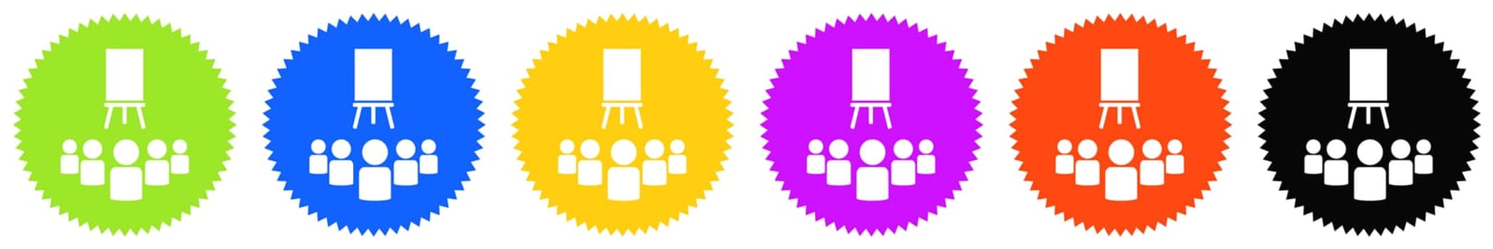 6 colorful round Buttons with white icons: Seminar, Course or Webinar