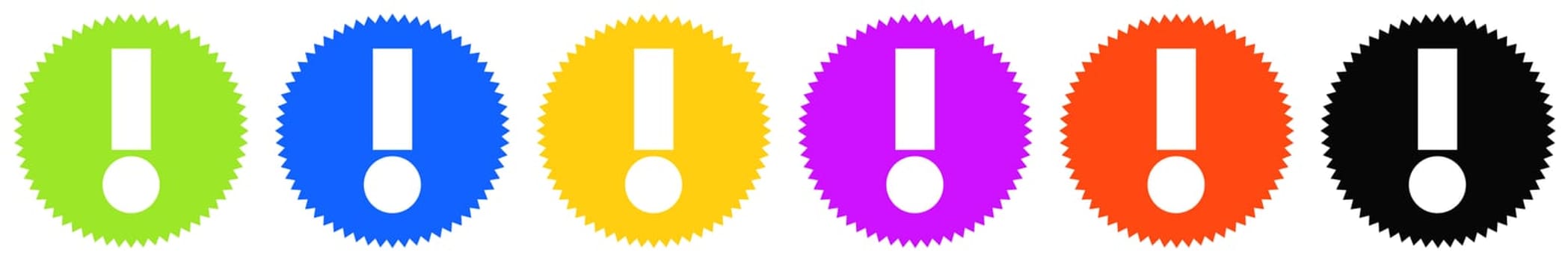 6 colorful round Buttons with white icons: Exclamation Mark, warning or Error