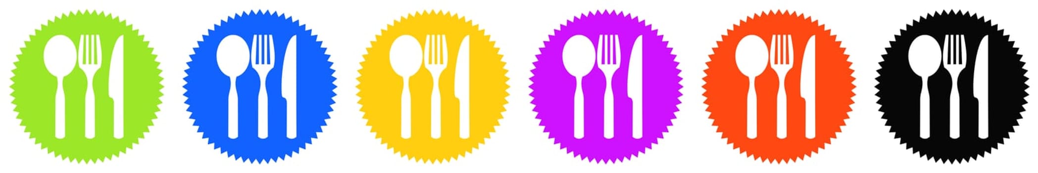 6 colorful round Buttons with white icons: Food or Restaurant