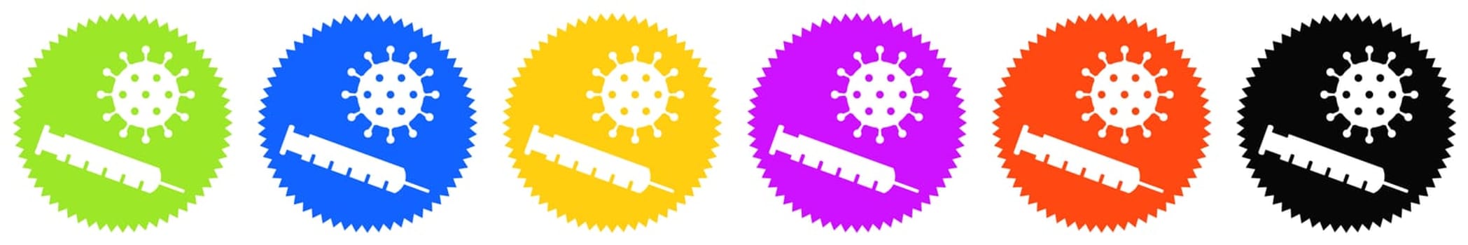 6 colorful round Buttons with white icons: Vaccination or Vaccinated