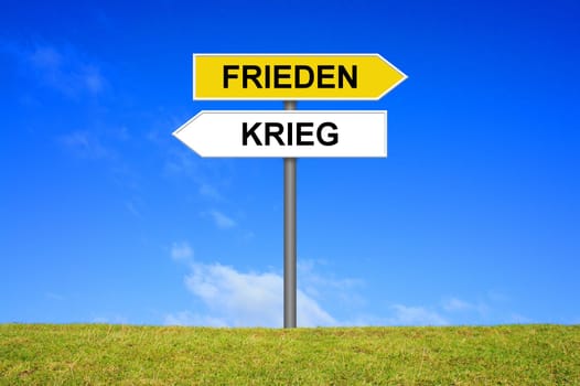 Signpost outside is showing Peace or War in german language