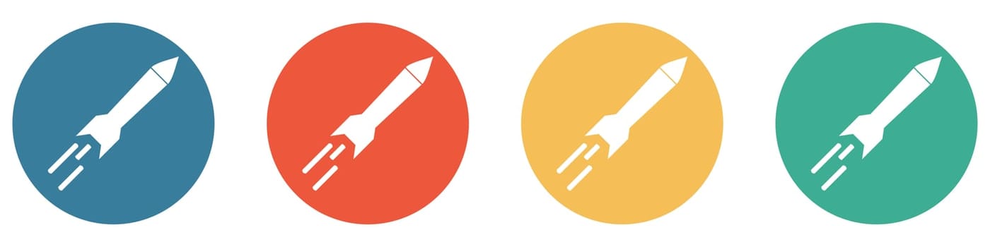 4 colorful Buttons blue, red, orange and green showing: Rocket or Missilie