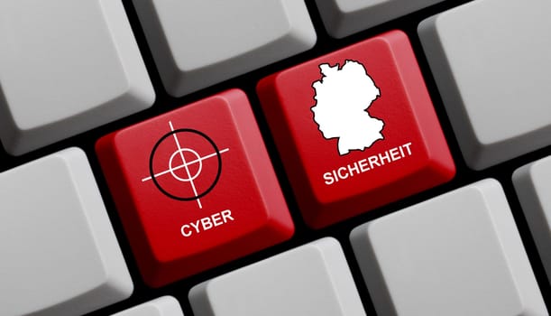 Cyber Security in german language on computer keyboard 3D illustration