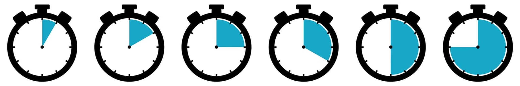 6 stoppwatch icons showing 5, 10, 15, 20 30, 45 minutes or seconds