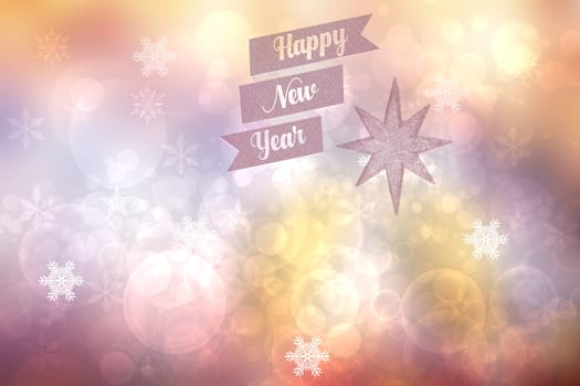 Happy New year card. Abstract festive elegant gold yellow glittering greeting card with bokeh circles, glowing christmas stars and the text.