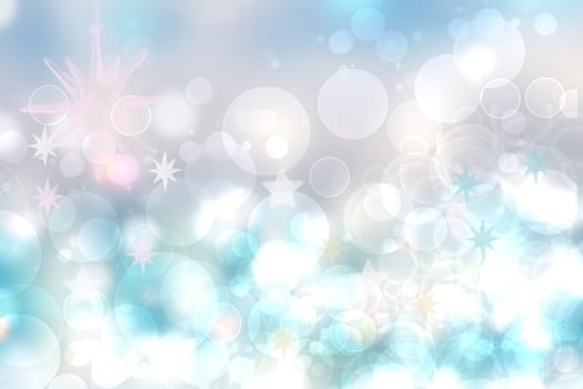 Christmas card template. Abstract festive blue winter christmas background texture with a pastel bokeh lighted xmas baubles and stars. Beautiful card design. Space.