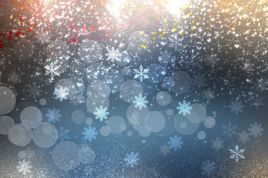 Abstract blurred festive gold yellow blue winter christmas or Happy New Year background texture with firework, bokeh circles, balls and stars. Card 2024.