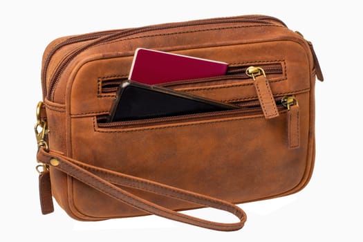 Leather handbag isolated. Close-up of brown businessman luxury leather wrist handbag. Fashionable brown leather briefcase or bag for men.