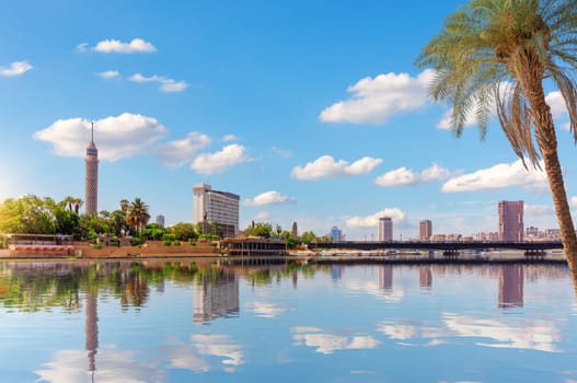 Nile river and famous buildings of Cairo downtown, great scenery of Egypt.