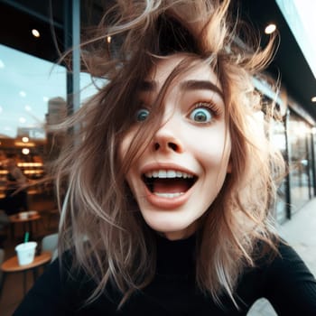 comical fisheye photo of a young woman with messy hair desperately in need of morning coffee generative ai