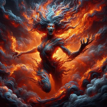 scary fire elemental goddess or demon burning with flames generative ai