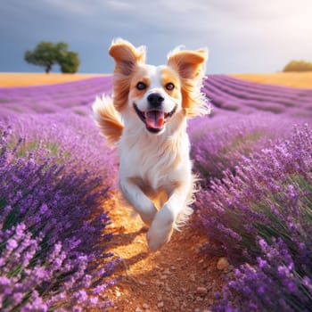 happy dog running and bounding through a lavender field on a beautiful day generative ai