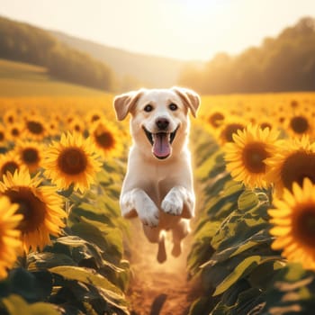 happy dog running and bounding through a field of sunflowers on a beautiful day generative ai