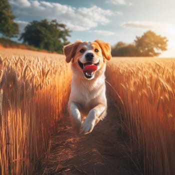 happy dog running and bounding through a wheat field on a beautiful day generative ai