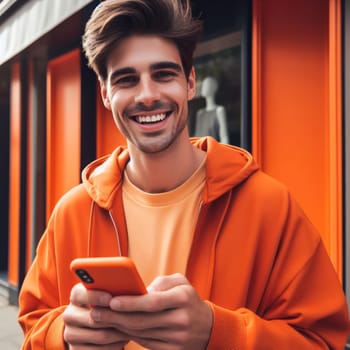 happy young attractive fashionable man wearing orange clothes  using a phone in a color coordinated street generative ai