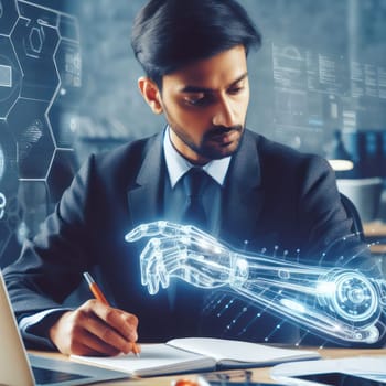 person using an futuristic enhanced robotic arm in the office generative ai