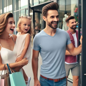 young couple with a child shopping together in large shopping area generative ai