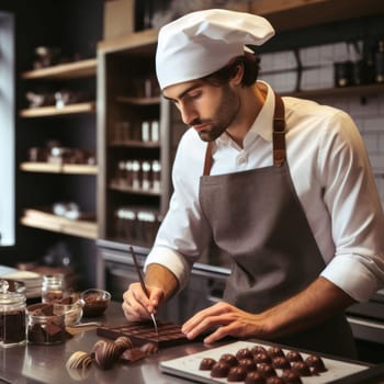 chocolatier pastry chef working on fine chocolates in kitchen generative ai