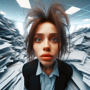 comical fisheye photo of a stressed female office worker with messy hair in a mountain of office paperwork generative ai
