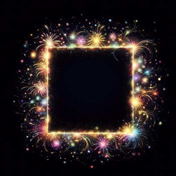 illustration of bright and colorful fireworks making a border or frame with copy space on black generative ai