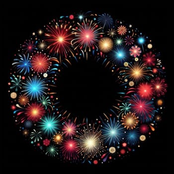 illustration of bright and colorful fireworks making a border or frame with copy space on black generative ai