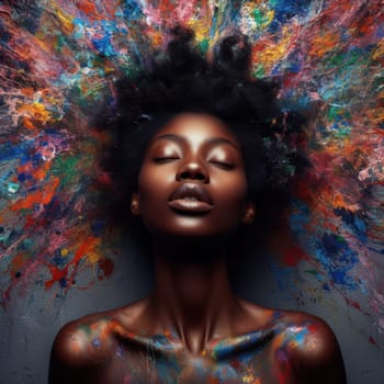 art piece of a beautiful black woman in a rainbow coloured paint explosion generative ai