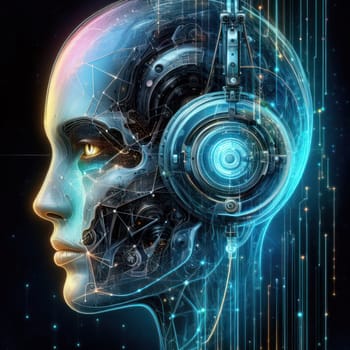 artistic digital illustration of a high tech futuristic ethereal nueral network robotic orgasm with headphones generative ai