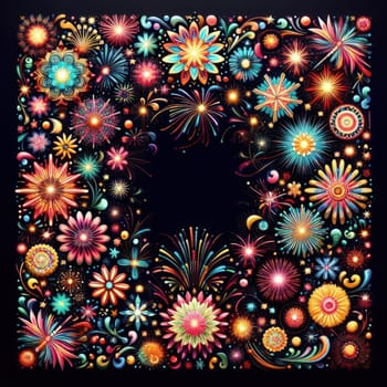 illustration of bright and colorful fireworks making a border or frame with copy space on black generative ai