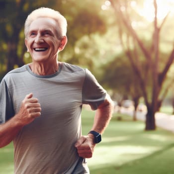 senior man out exercising and jogging in the park generative ai